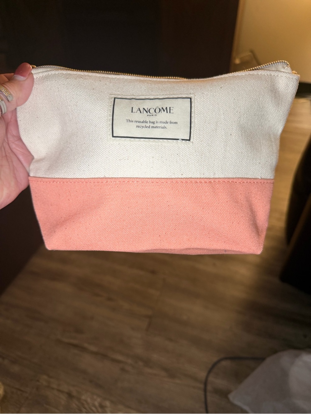 Lancôme Two-Tone Canvas Cosmetic Pouch - Cream & Coral Pink 9W X 6L
